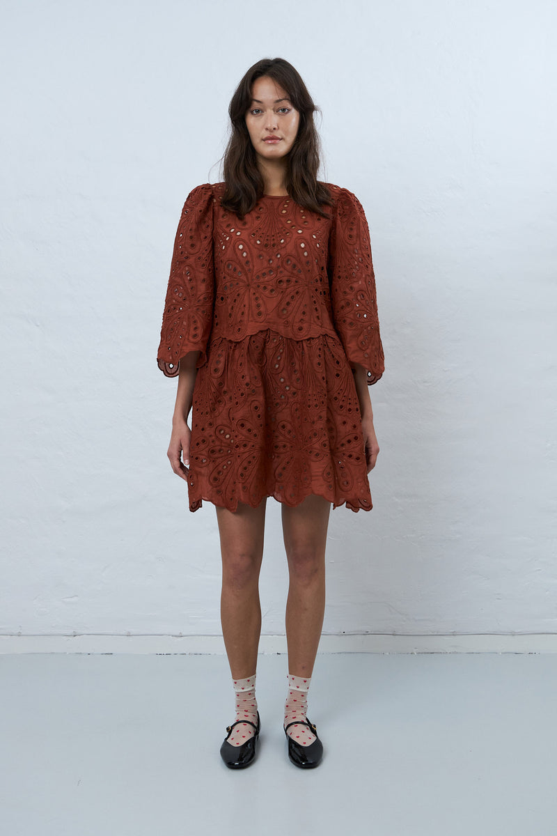 Stella Nova Crisp Delicate embroidered cotton dress Dress 869 Brown