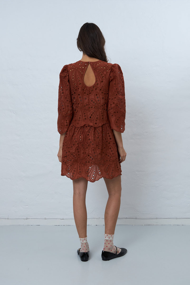 Stella Nova Crisp Delicate embroidered cotton dress Dress 869 Brown