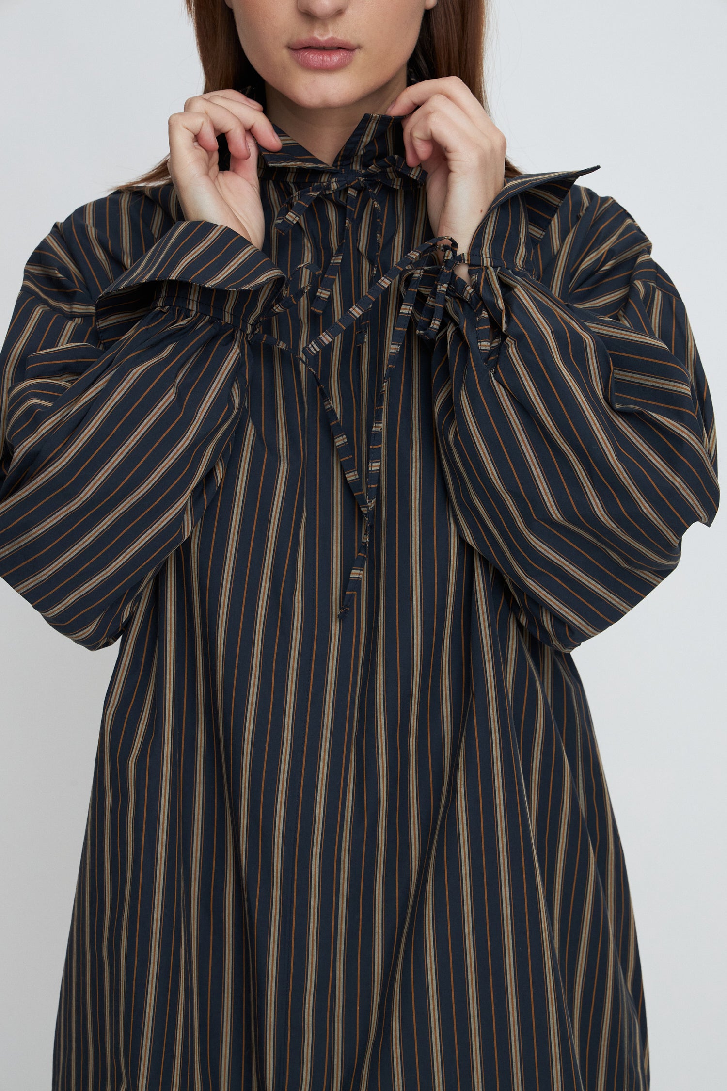 Stella Nova High neck shirt dress with bow string Shirt 609 Dark Striped