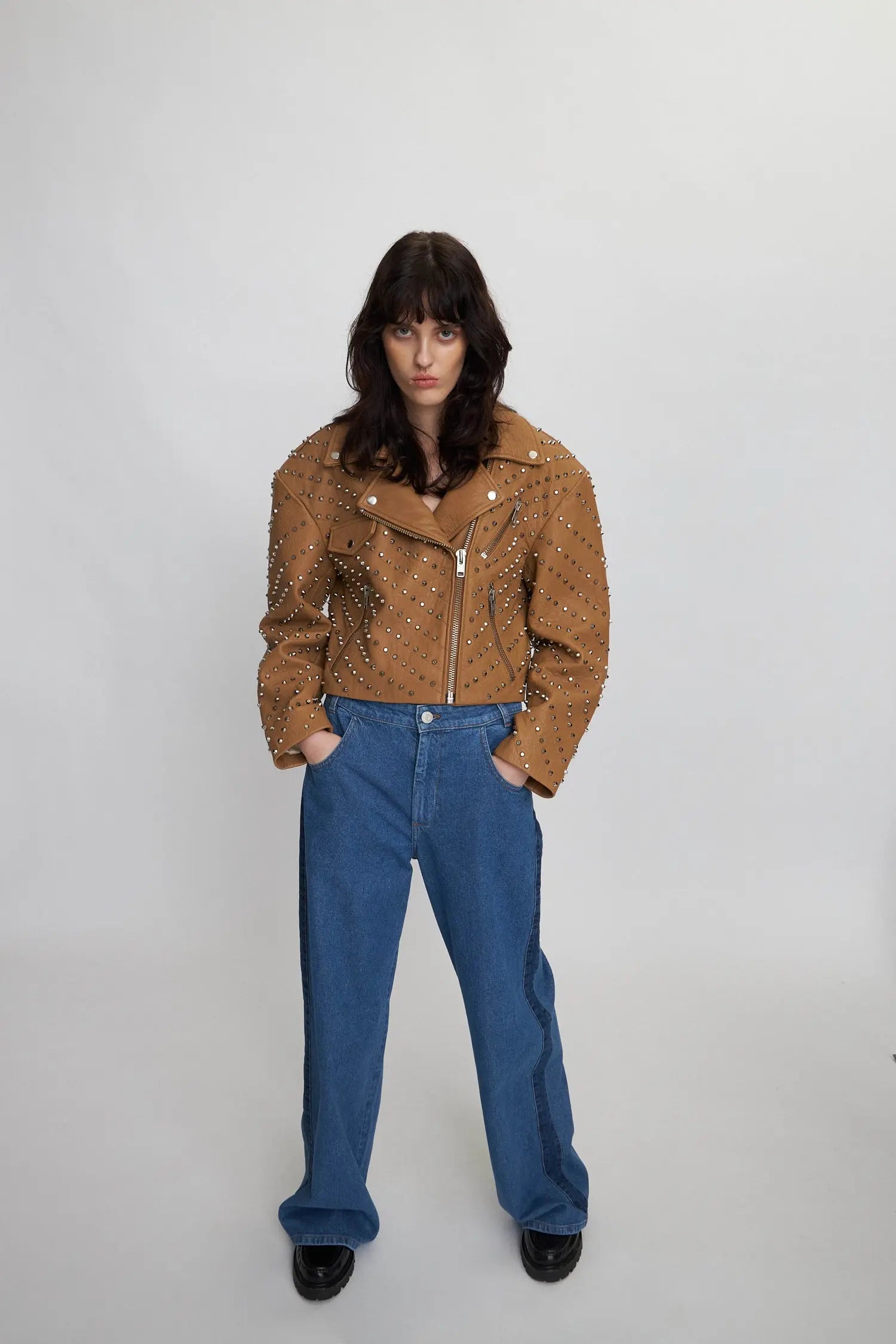 Stella Nova Leather biker with studs Leather Jacket 074 Camel