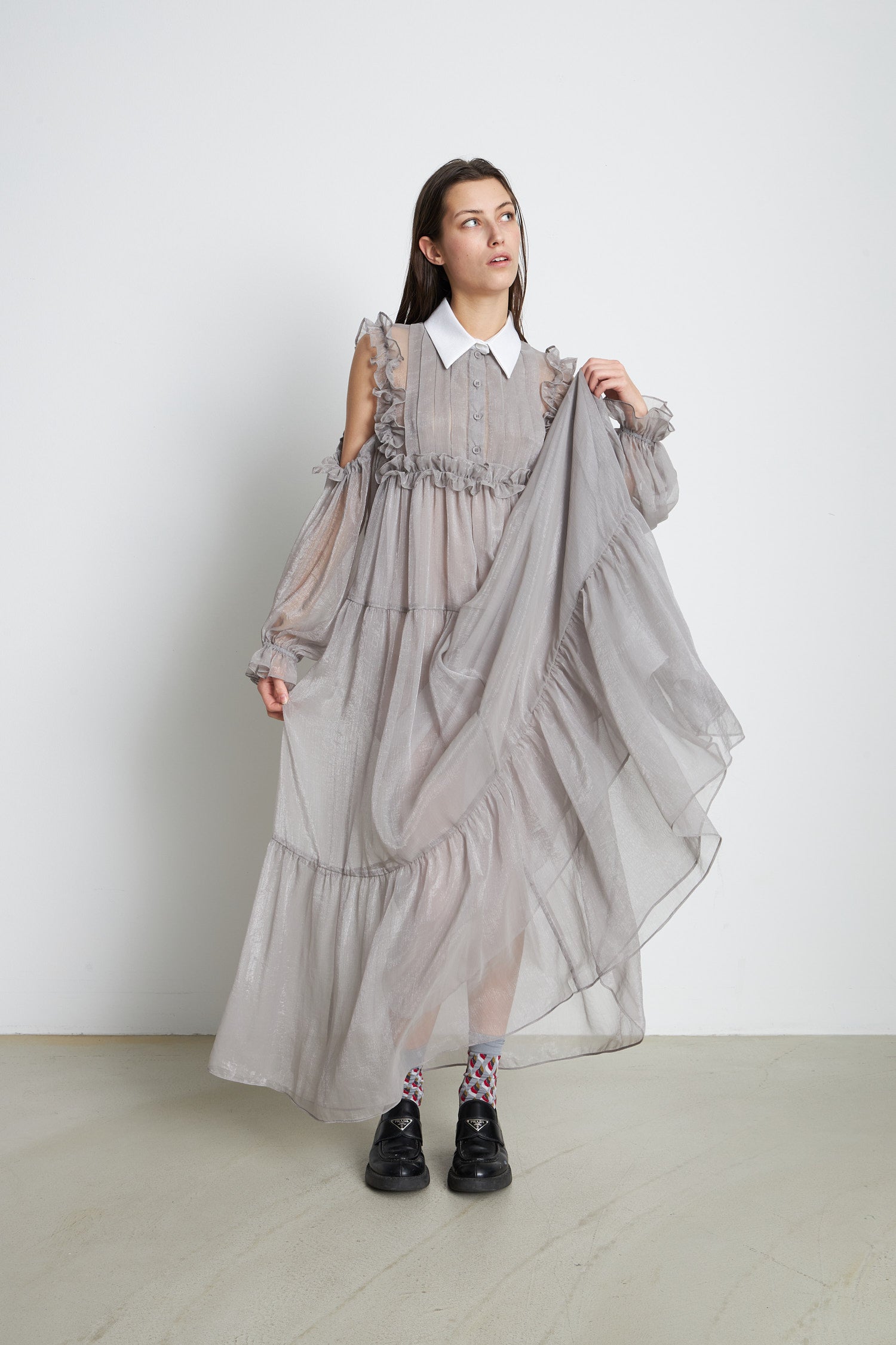 Stella Nova Long dress with shirt collar Dress 876 Pearl Grey