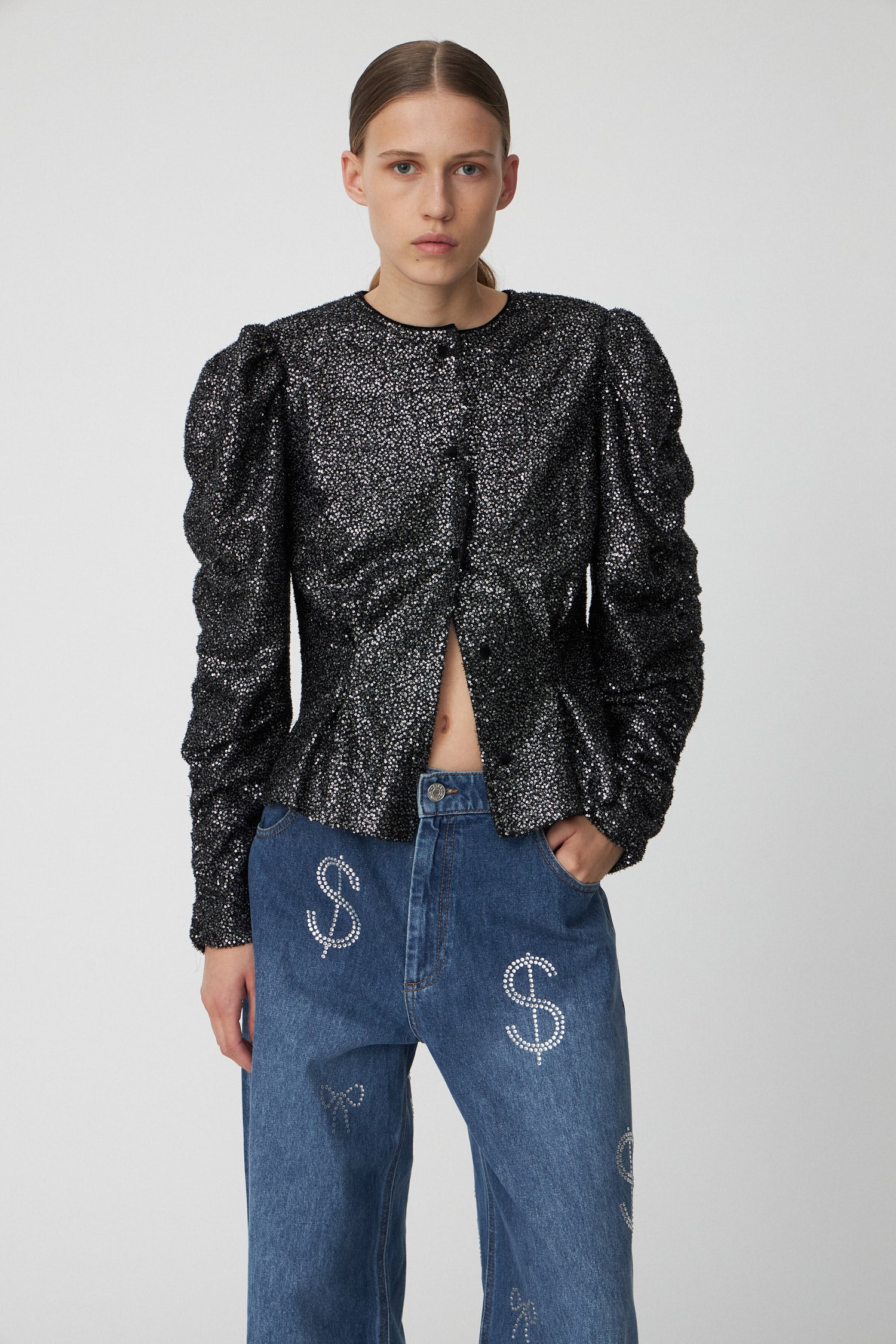 Stella Nova Sequins Lamé Jacket Shirt 978 Black Metallic