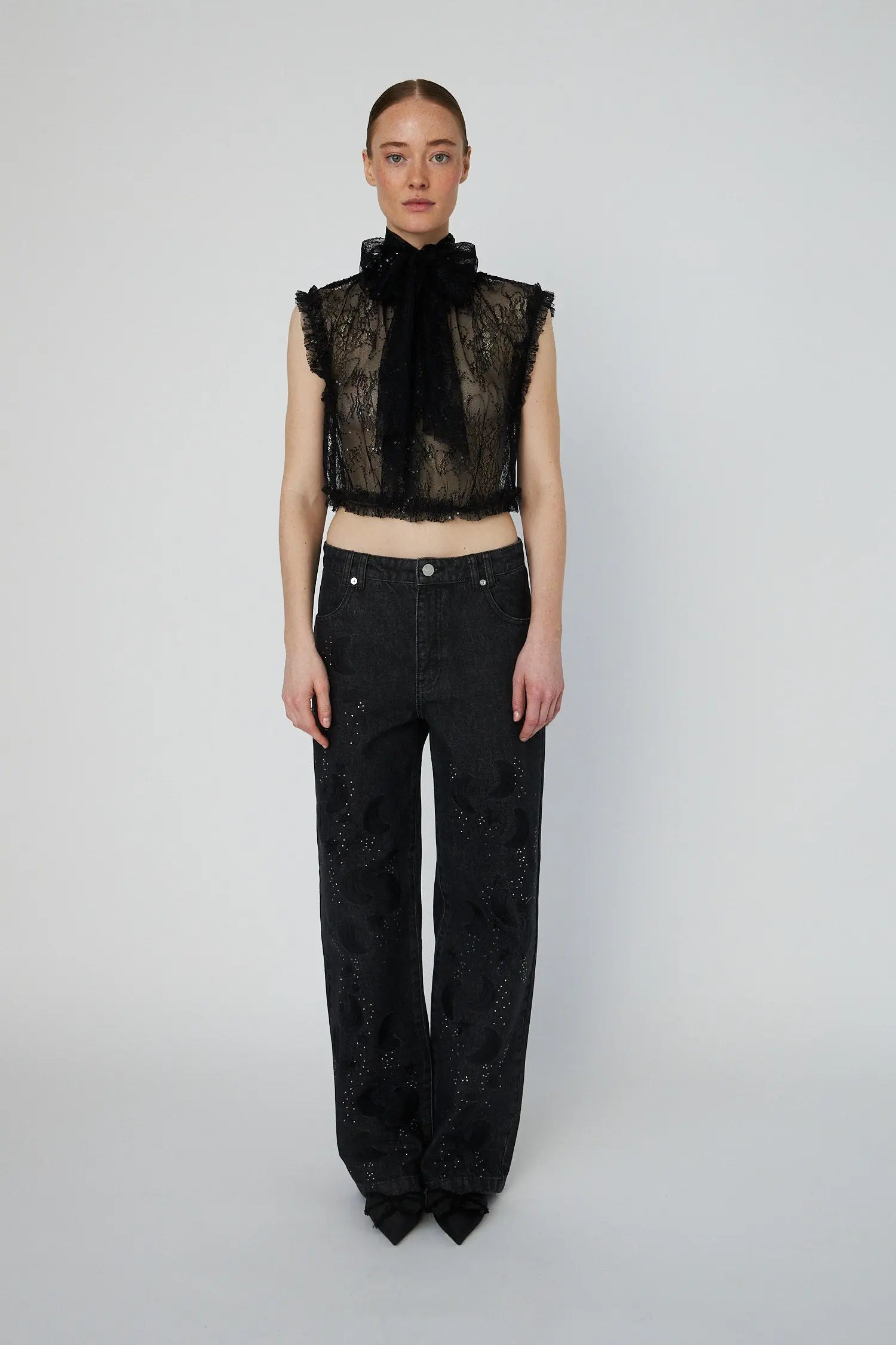 Stella Nova Sheer Cropped Lace Top Top 999 Black
