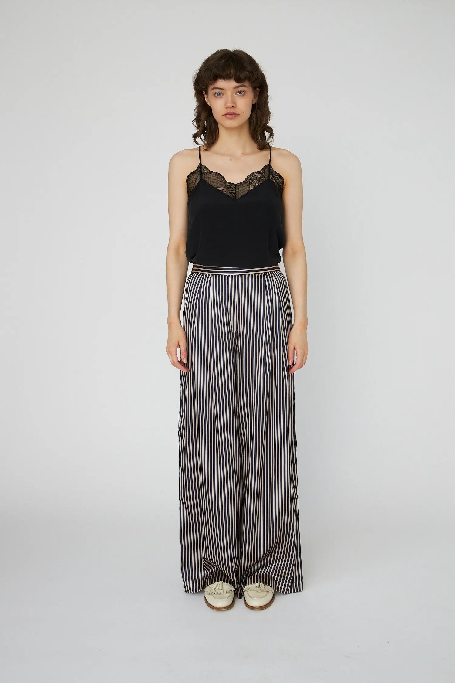 Stella Nova Striped Silk Mid-Waist Pants Pants 041 Creme Blue Stripes