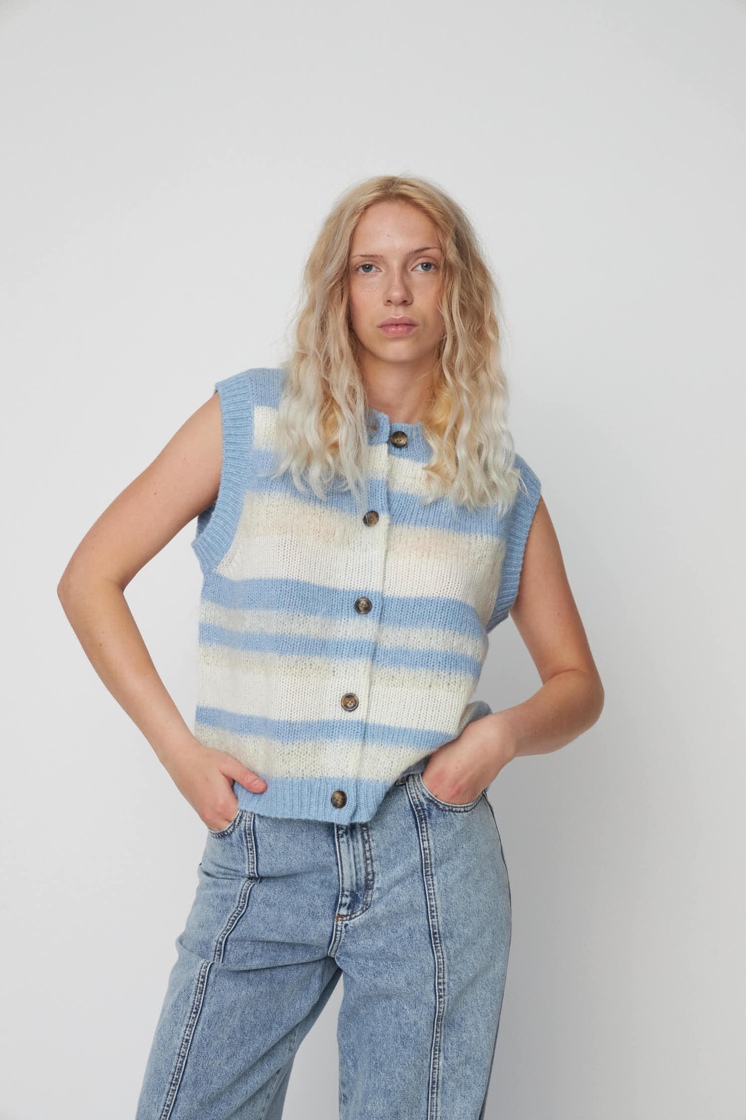 Stella Nova Striped Mohair Cardigan-Vest Slipover 041 Creme Blue Stripes