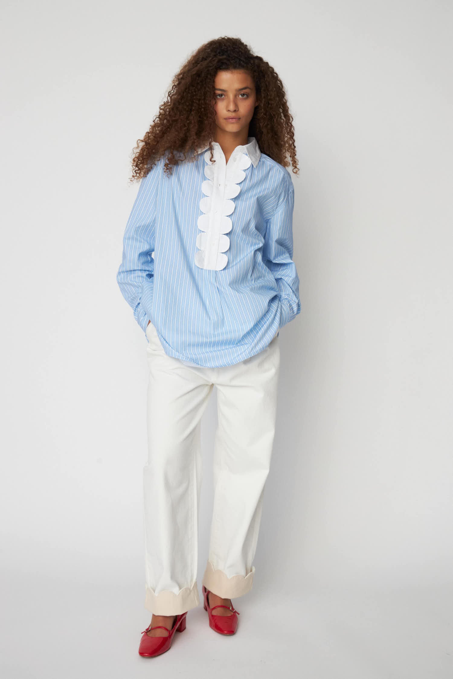 Stella Nova Striped Shirt with Scallops Shirt 041 Creme Blue Stripes