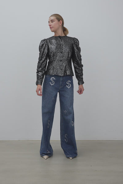 Stella Nova Sequins Lamé Jacket Shirt 978 Black Metallic