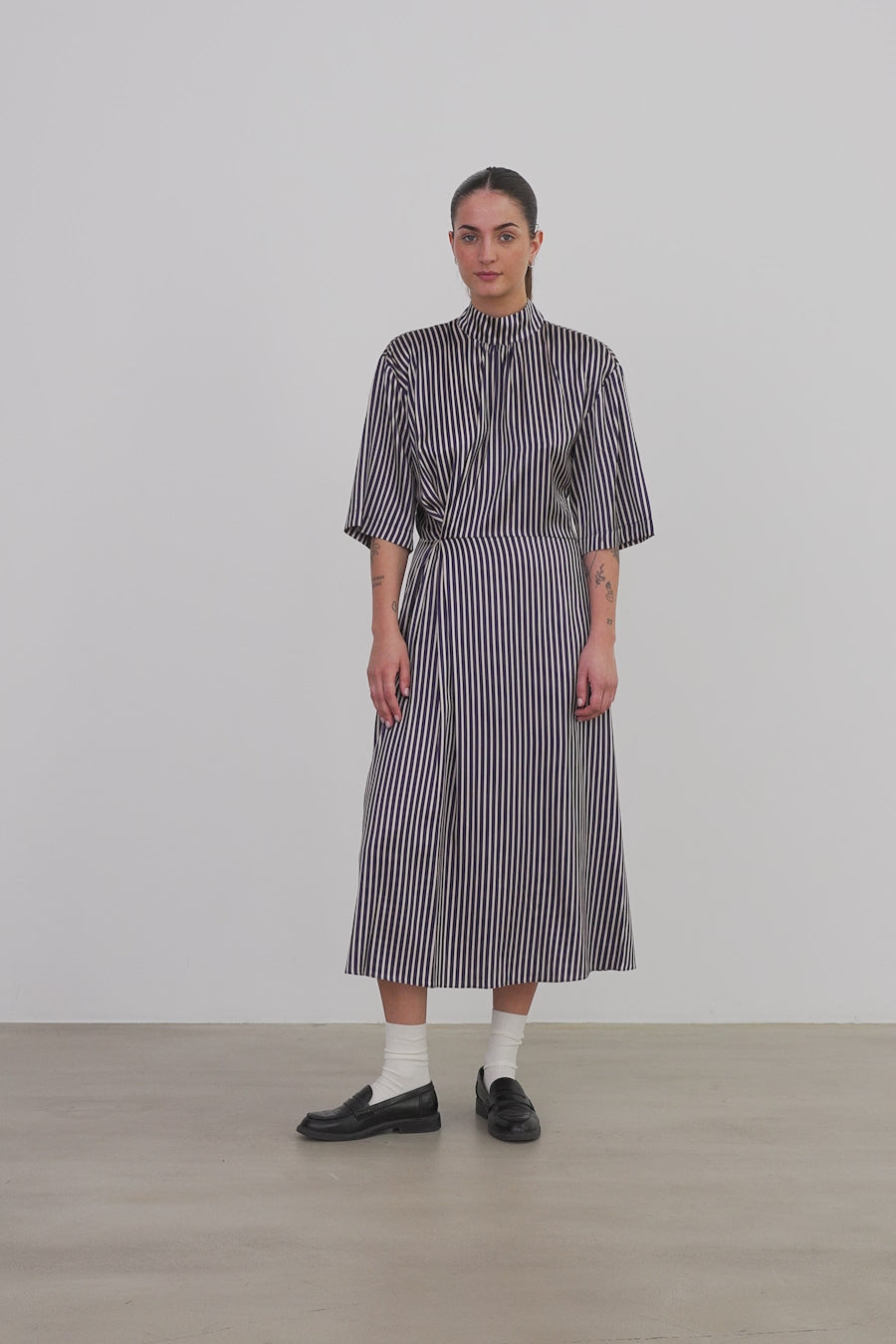 Stella Nova Striped Silk Midi Dress Dress 041 Creme Blue Stripes